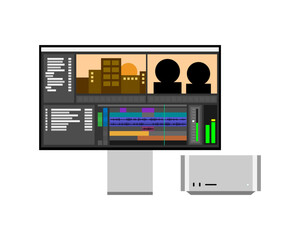 Small home studio for editing video on single screen. One monitor and mini computer. Software with preview windows, timeline, bins, audio mixer and waveforms. Vector illustration.