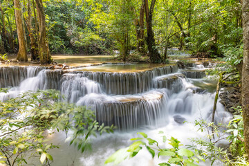 Fototapeta na wymiar Huai Mae Khamin Waterfall level 6, Khuean Srinagarindra National Park, Kanchanaburi, Thailand, long exposure