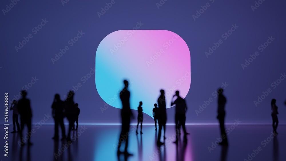 Poster 3d rendering people in front of symbol of rounded chat bubble on background