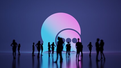 3d rendering people in front of symbol of two rounded chat bubble on background