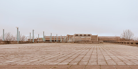 Plateau with lanterns and concrete blocks, detail of Linnahall,  an abandoned theatre from Soviet...