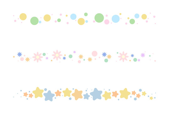 Set of cartoon decorative borders. Floral, polka dot, star pattern dividers. Isolated by white background, flat design, vector, illustration, EPS10
