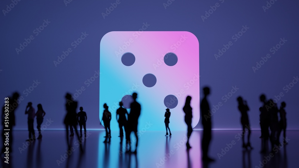 Poster 3d rendering people in front of symbol of dice five on background