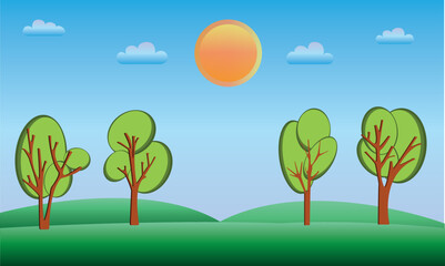 Cartoon landscape, green field, landscape view, game background, summer or spring meadow or pasture with plants. Park with green trees. Vector cartoon illustration of summer landscape.