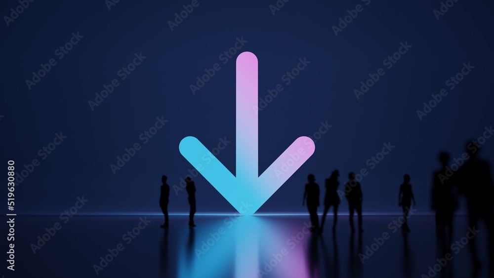 Poster 3d rendering people in front of symbol of down arrow on background