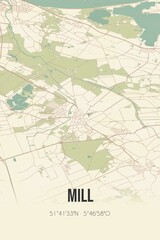 Mill, Noord-Brabant vintage street map. Retro Dutch city plan.