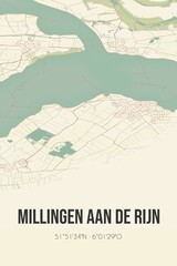 Millingen aan de Rijn, Gelderland, Rivierenland region vintage street map. Retro Dutch city plan.