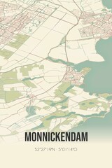 Monnickendam, Noord-Holland vintage street map. Retro Dutch city plan.