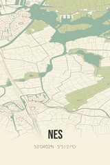 Fototapeta na wymiar Nes, Fryslan, Friesland region vintage street map. Retro Dutch city plan.