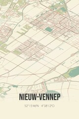 Fototapeta na wymiar Nieuw-Vennep, Noord-Holland, Schiphol region vintage street map. Retro Dutch city plan.