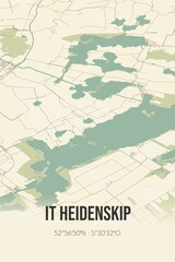 It Heidenskip, Fryslan vintage street map. Retro Dutch city plan.