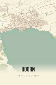 Hoorn, Noord-Holland vintage street map. Retro Dutch city plan.