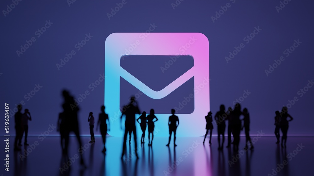 Poster 3d rendering people in front of symbol of envelope square on background