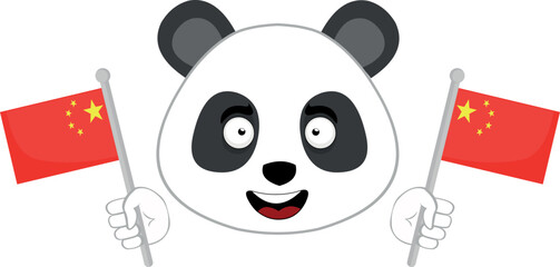 Vector illustration of the face of a cartoon panda bear with a cheerful expression and flags of china in his hands © sebastian
