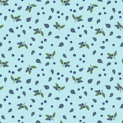 Fototapeta na wymiar Blueberry vector seamless pattern. Flat style hand drawn illustration with leaves and berries. Cute design for wrapping paper, banner, fabric, textile, wallpaper. 