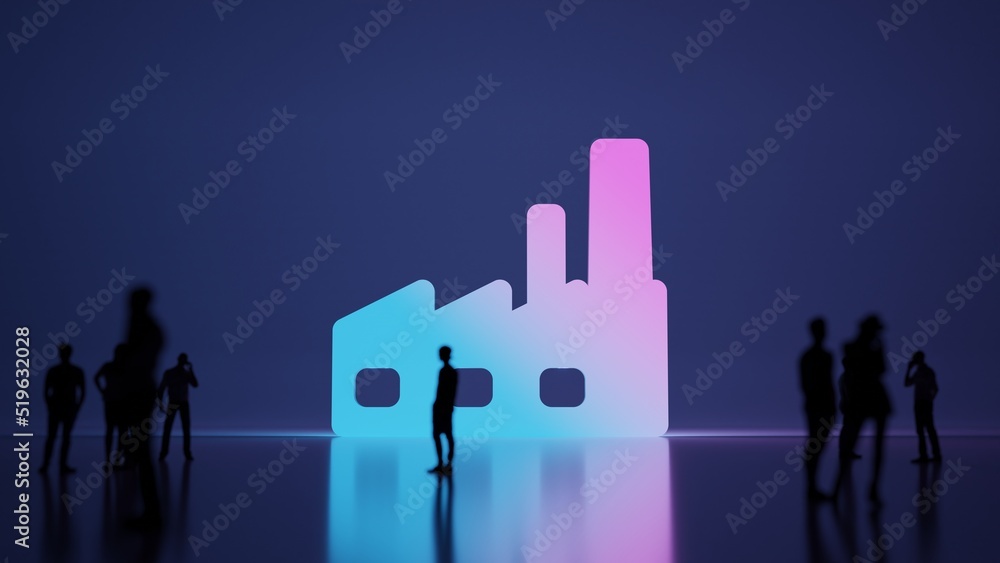 Poster 3d rendering people in front of symbol of factory on background