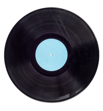 Top view of vintage vinyl record with blue label.