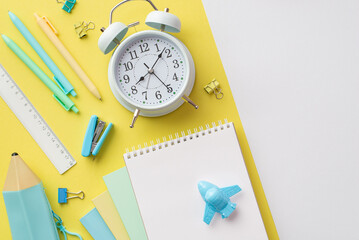 Back to school concept. Top view photo of alarm clock notepads pencil-case plane shaped sharpener...