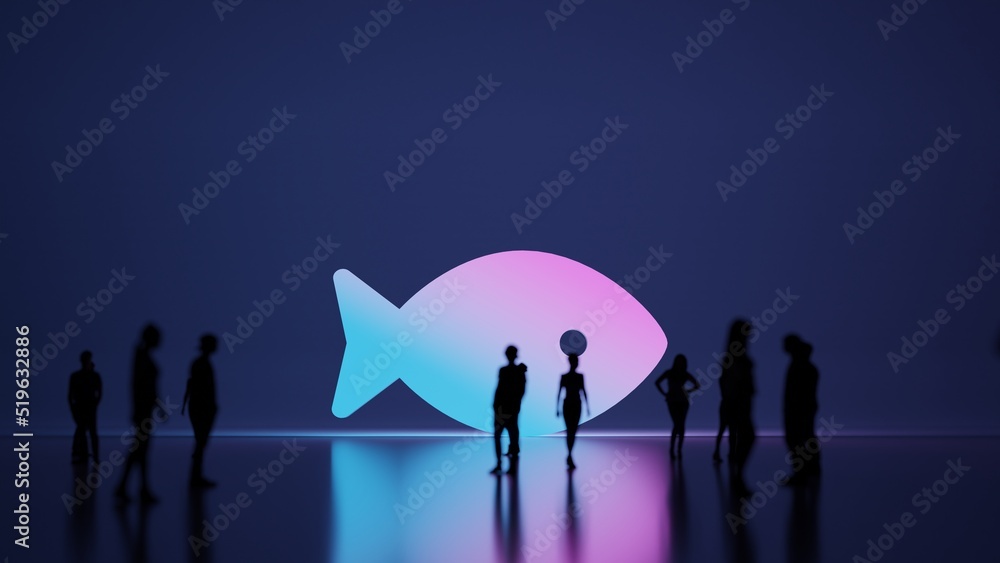 Poster 3d rendering people in front of symbol of fish on background