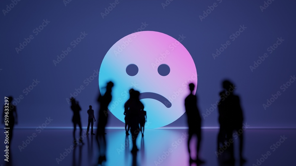 Poster 3d rendering people in front of symbol of frown on background