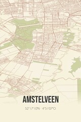 Amstelveen, Noord-Holland, Randstad region vintage street map. Retro Dutch city plan.