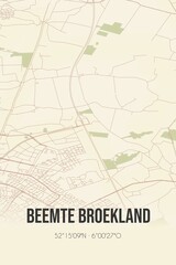 Fototapeta na wymiar Beemte Broekland, Gelderland, Veluwe region vintage street map. Retro Dutch city plan.