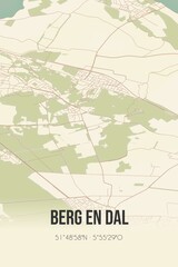 Fototapeta na wymiar Berg en Dal, Gelderland, Rivierenland region vintage street map. Retro Dutch city plan.
