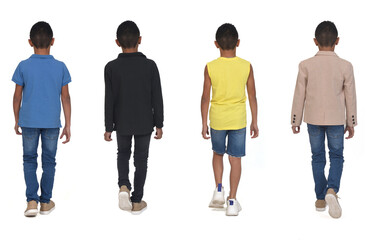 back view of a group of same teen various  outfits walking on white background