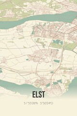 Fototapeta na wymiar Elst, Gelderland, Betuwe region vintage street map. Retro Dutch city plan.