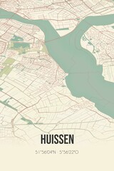 Huissen, Gelderland, Betuwe region vintage street map. Retro Dutch city plan.