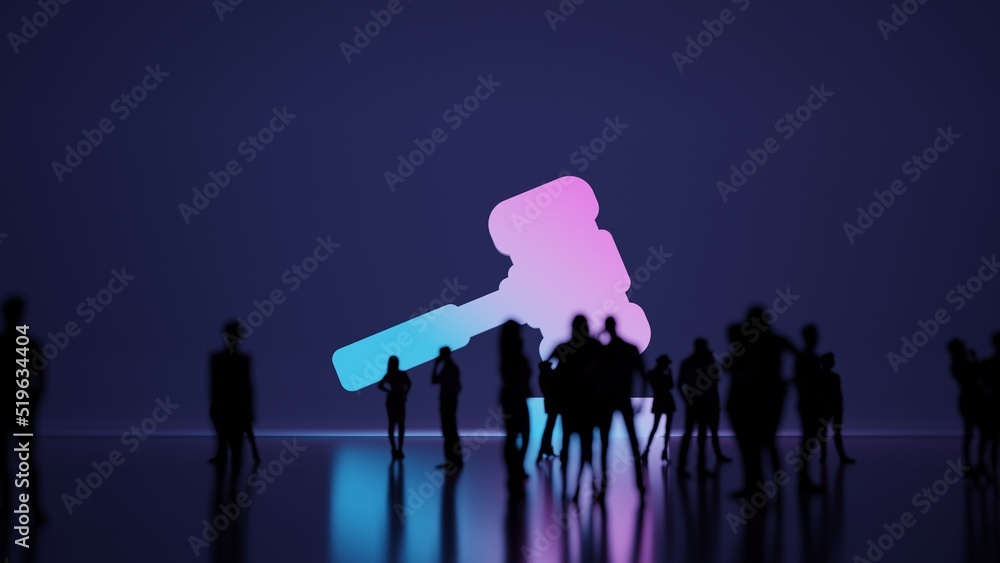 Poster 3d rendering people in front of symbol of hammer on background
