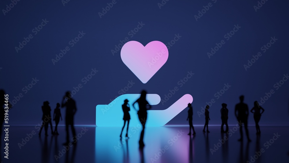 Poster 3d rendering people in front of symbol of hand holding heart on background