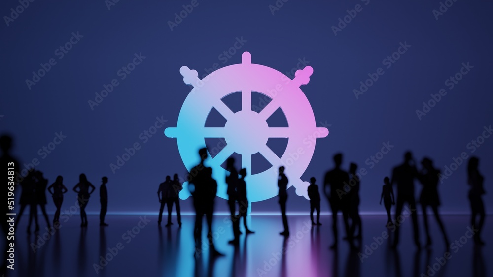Poster 3d rendering people in front of symbol of helm on background