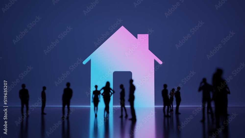 Poster 3d rendering people in front of symbol of home on background