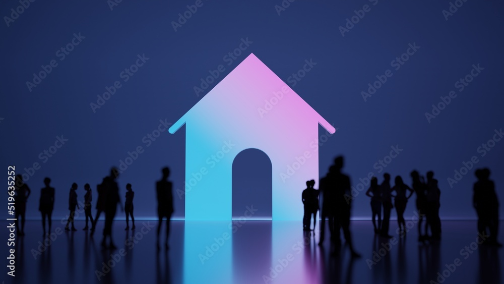 Poster 3d rendering people in front of symbol of home on background