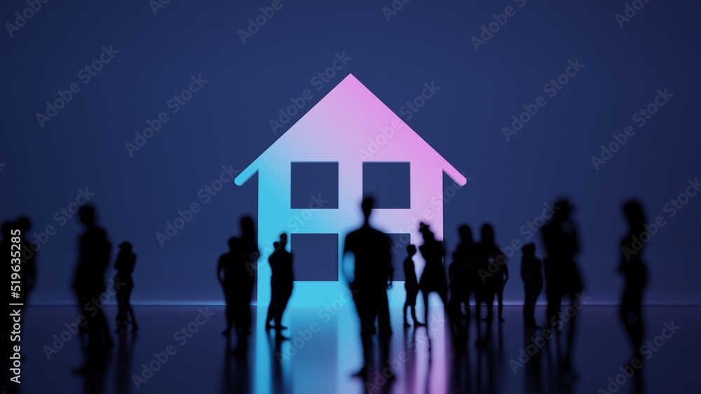 Poster 3d rendering people in front of symbol of home on background