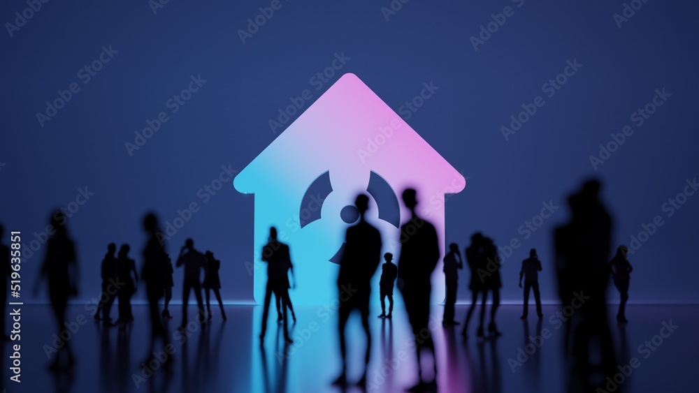 Poster 3d rendering people in front of symbol of house on background