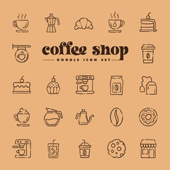 Coffee shop doodle vector icon set. Cartoon bakery for cafe menu.