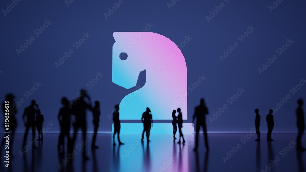 Poster 3d rendering people in front of symbol of chess knight on background