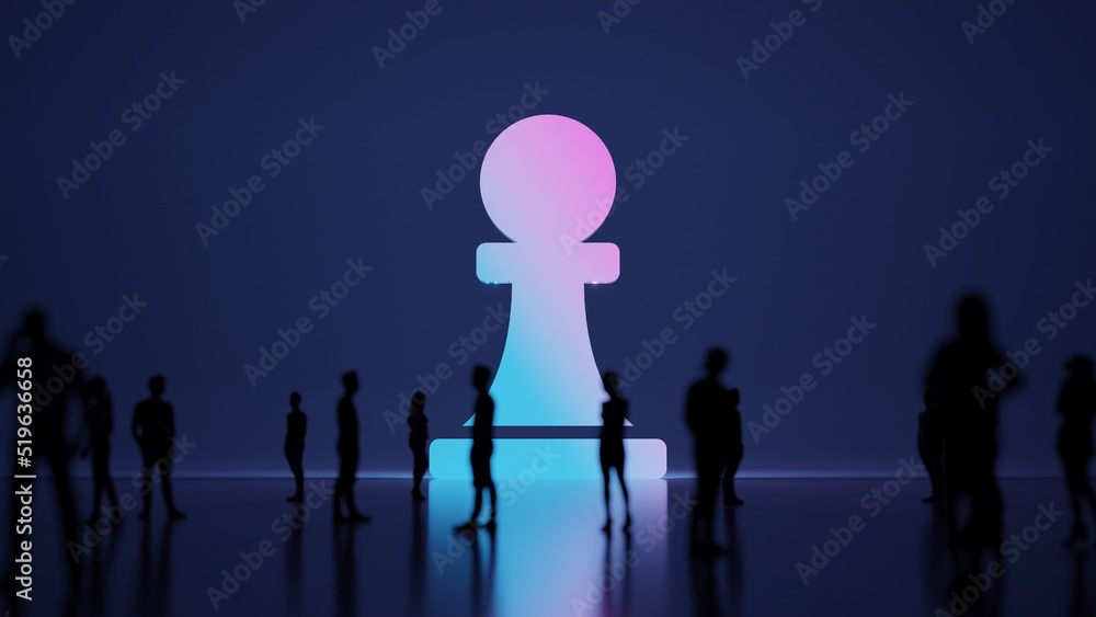 Poster 3d rendering people in front of symbol of chess pawn on background