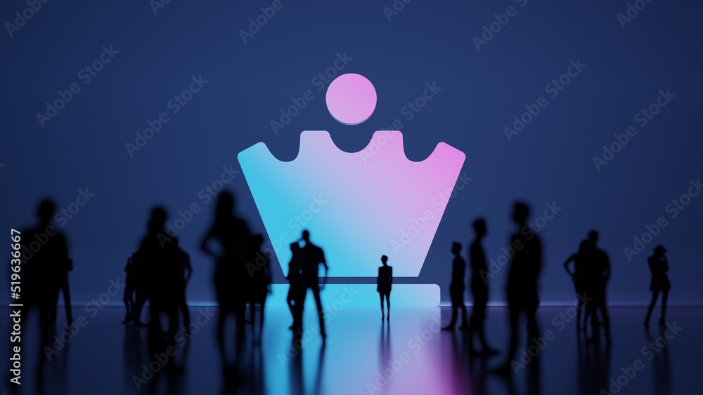 Poster 3d rendering people in front of symbol of chess queen on background