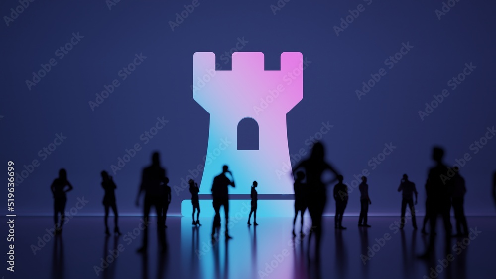 Poster 3d rendering people in front of symbol of chess rook on background