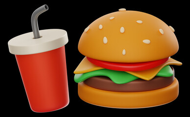 coke and burger food and drink icon 3d rendering on isolated background