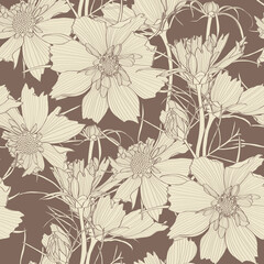 Seamless flower pattern background with line Cosmos flower and leaf drawing illustration.