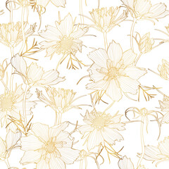 Seamless flower pattern background with golden line Cosmos flower and leaf drawing illustration.