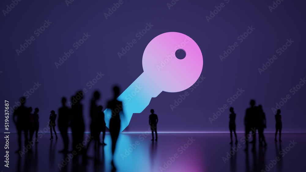 Poster 3d rendering people in front of symbol of key on background