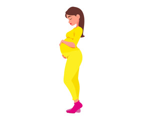 pregnant woman in a yellow suit with a big belly
