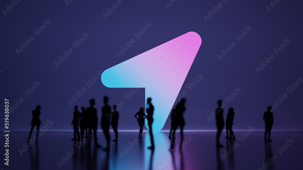 Poster 3d rendering people in front of symbol of location arrow on background