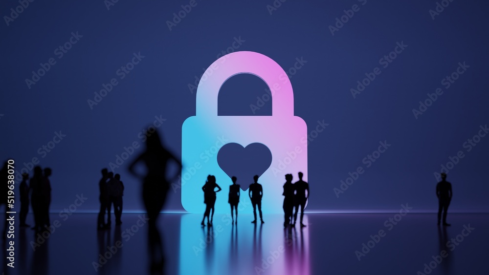 Poster 3d rendering people in front of symbol of lock on background
