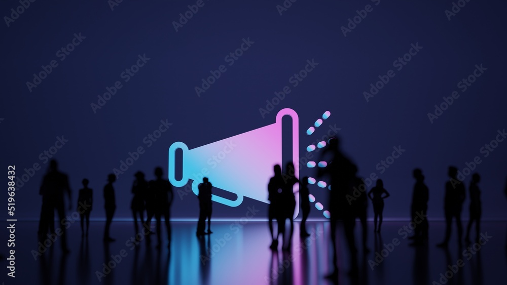 Poster 3d rendering people in front of symbol of megaphone on background